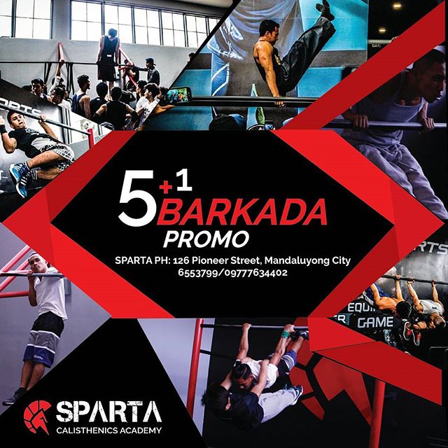 5+1 Barkada promo at Sparta Calisthenics Academy starts August 1! Sign up with your friends and get fit together with our calisthenics classes! Develop your strength, body control and lean muscle with our Sthenos or Spartan Strength classes and develop your stamina and burn fat with our Kalos or Spartan Aesthetics classes! Sign up with 5 friends for Sthenos unlimited membership for 1 month and get +1 free membership! Instead of 3,000 pesos each, pay only 2,500 each for 6 unlimited monthly Sthenos group class memberships!Sign up with 5 friends for Kalos unlimited membership for 1 month and get +1 free membership! Instead of 2,000 pesos each, pay only 1,667 each for 6 unlimited monthly Kalos group class memberships!Sign up with 5 friends for 10 class package and get +1 free 10 session pass! Instead of 1,500 pesos each, pay only 1,250 each for 6 10 session passes to our group classes! Don't miss out! Promo runs from August 1 to end of September!We are located at 126 Pioneer Street Mandaluyong.Who will have the biggest transformation in your barkada??  Message us on FB for more details or call us at 6553799#SpartaCalisthenicsAcademy #webreedchampions #Kalos #Sthenos #thisisspartaph #Barkada #fitness