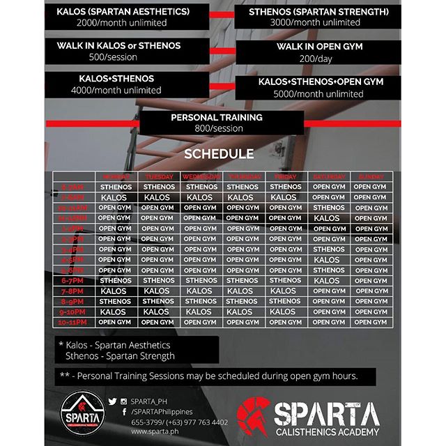 For all those who don't quite know our schedule and rates for the Sparta Calisthenics Academy, feel free to save this one 🏻#thisisspartaph #ripped #toned #fitness #calisthenics #bodyweight