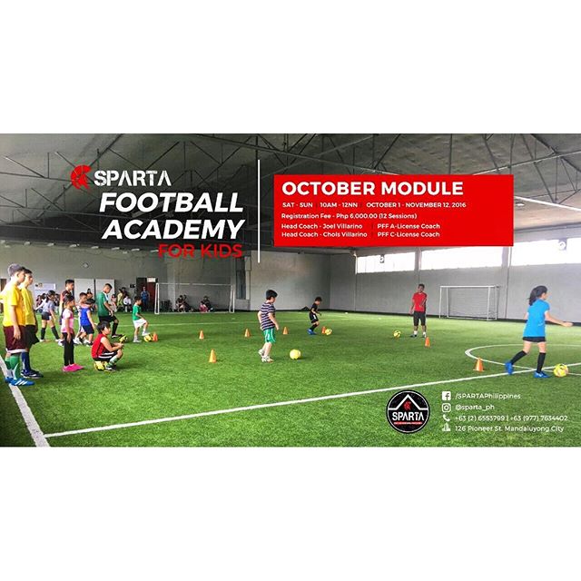 Sparta Football Academy for Kids kicks off this October 1st with our NEWEST 12-week program for beginners all the way to advanced level students. We welcome ages 4-13 years old  Learn the beautiful game of football from AFC A and C licensed coaches, followed by a Sparta Cup Tournament for all participants. Medals Trophies and Certificates will be given away at the end of the module🏻️ Hope to see you there!!!! Awooooo!!!! 🏻 call 09777634402 or 6553799 for inquiries or reservations!!! #thisisspartaph #football #soccer #indoorsoccer #kidscamp #fifa